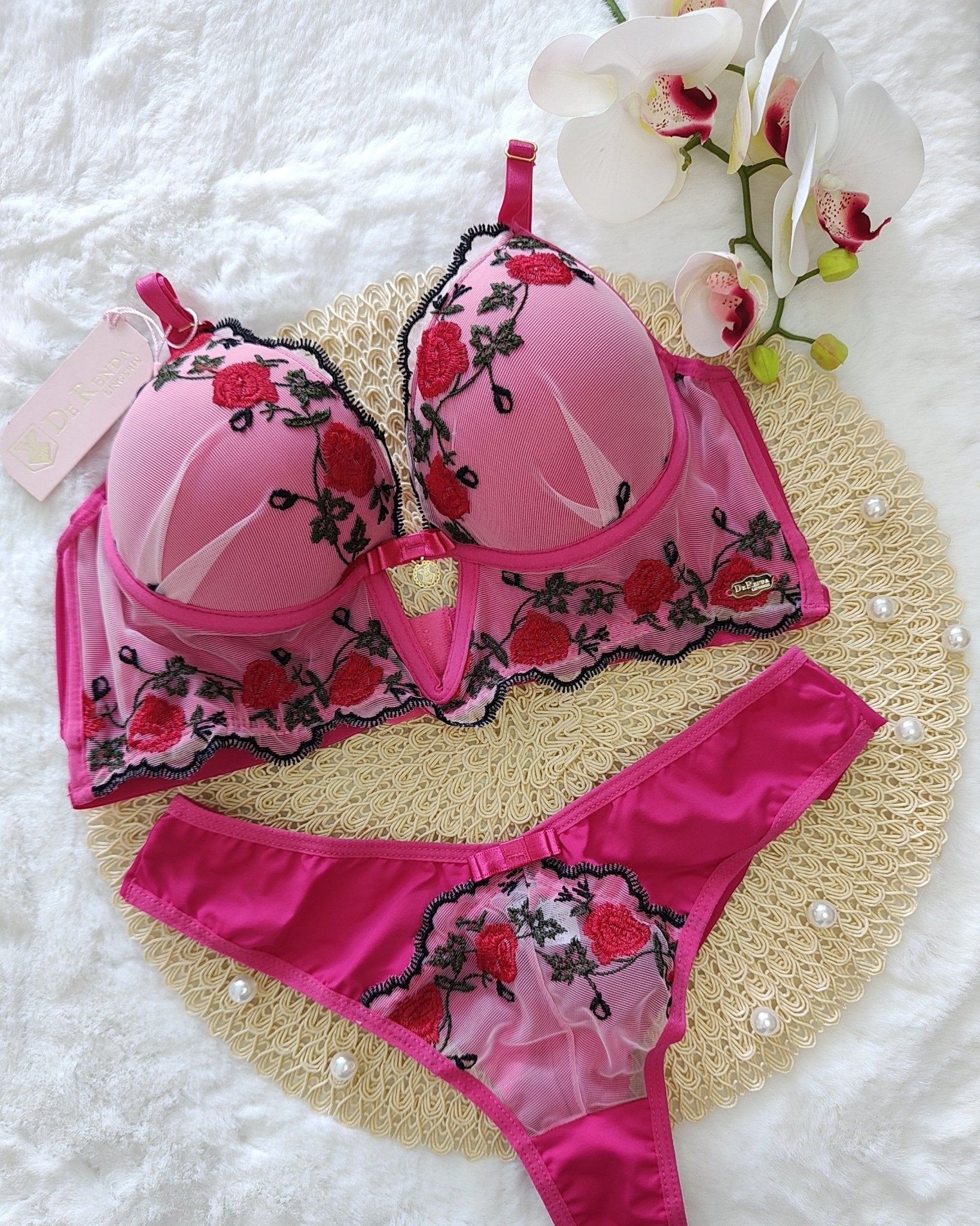 Conjunto Bela Lingerie Luxo em Tule Bordado - DE RENDA LINGERIE