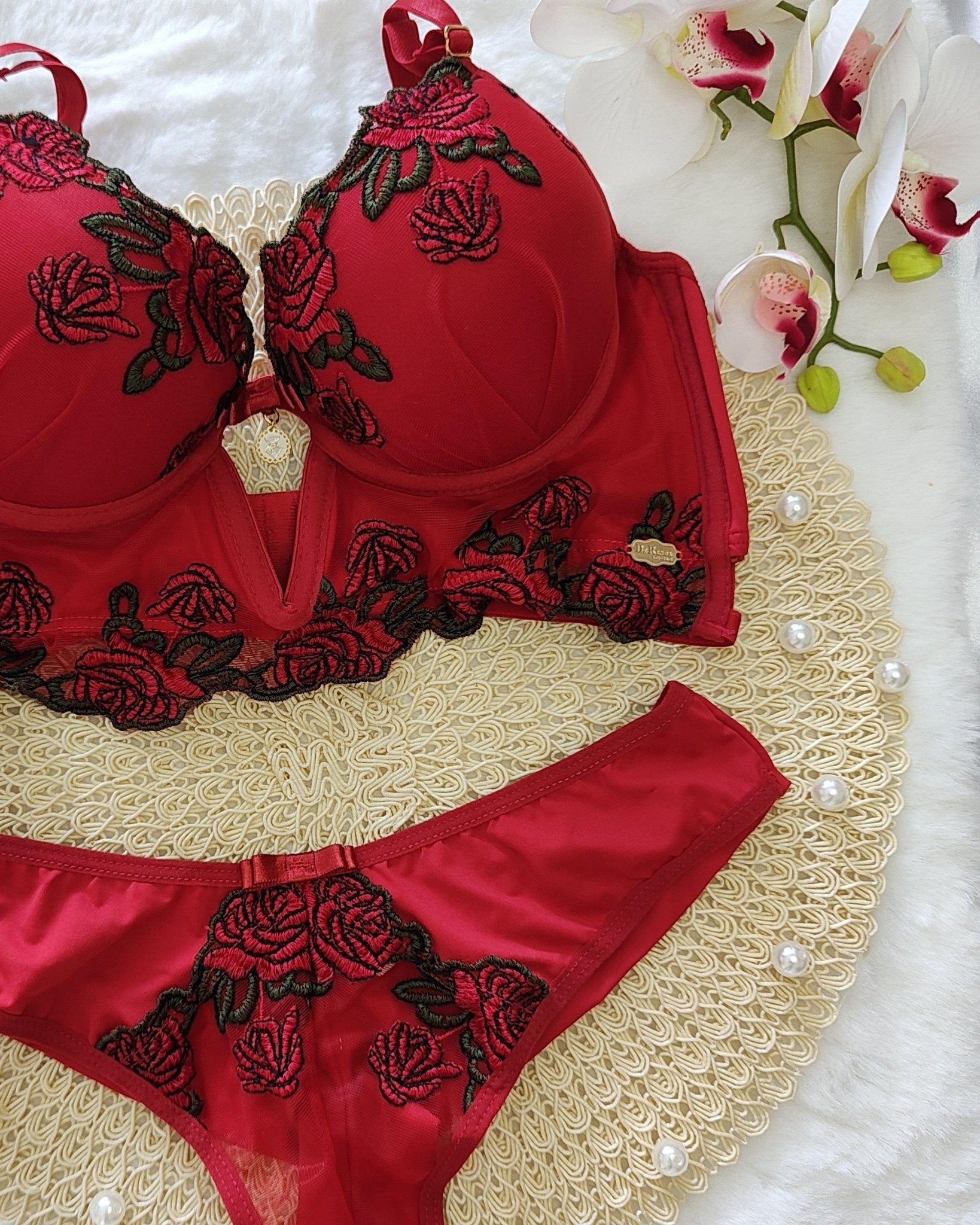 Conjunto Bela Lingerie Luxo em Tule Bordado - DE RENDA LINGERIE