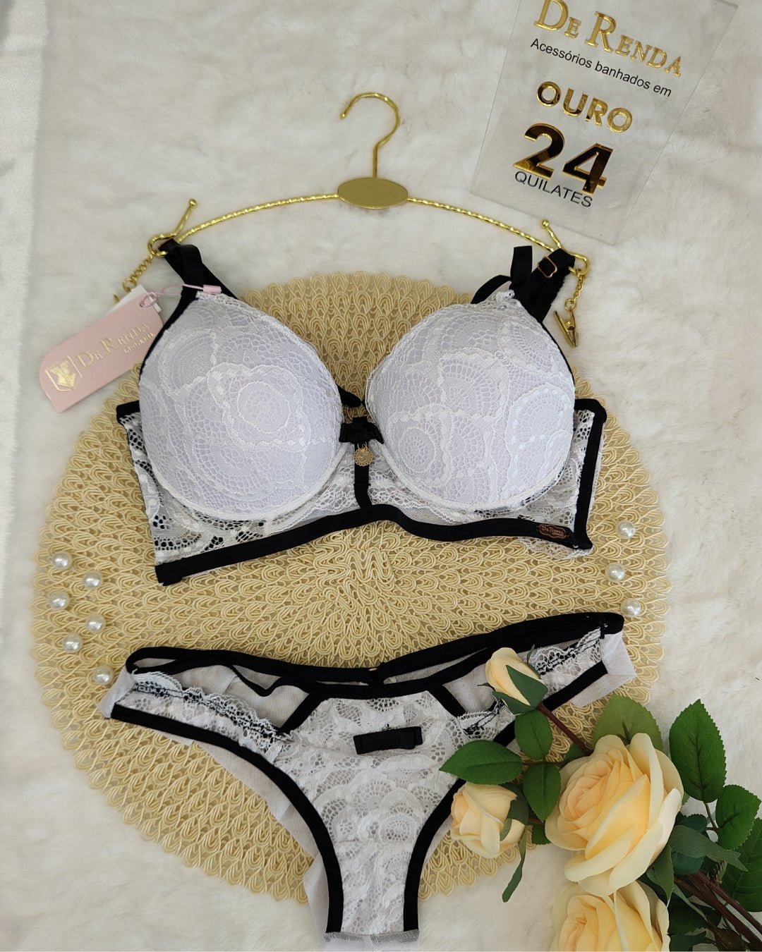 Conjunto Natália de Renda com Acessórios Banhados a Ouro 24K - DE RENDA LINGERIE