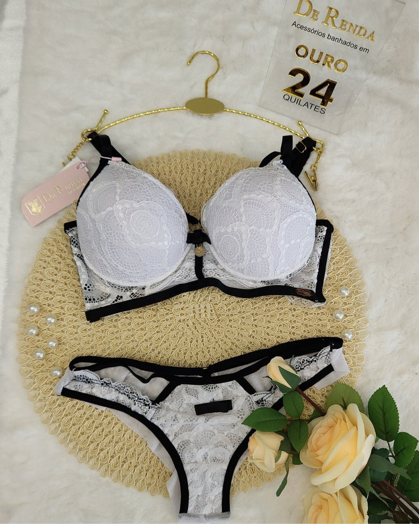 Conjunto Natália de Renda com Acessórios Banhados a Ouro 24K - DE RENDA LINGERIE