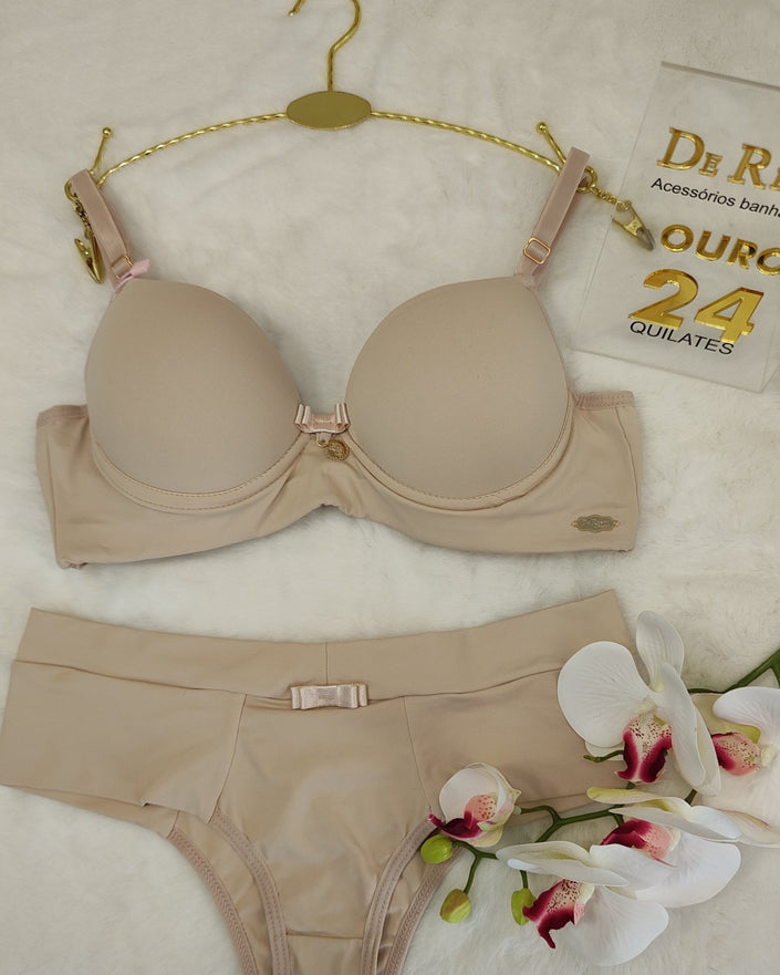 Conjunto Rachel Luxo Push-Up com Acessórios Banhados a Ouro 24K - DE RENDA LINGERIE